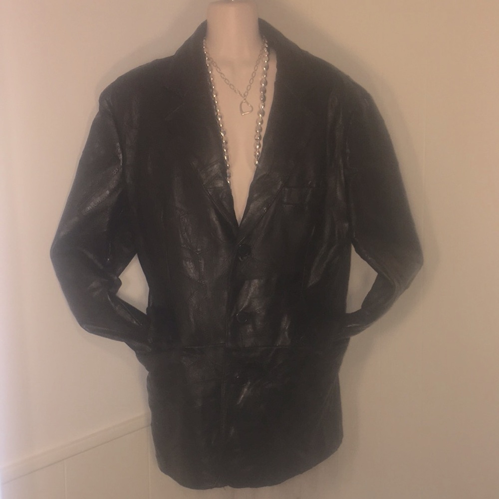 Milan Leather heavy black window pane 3 button flap pocket lined blazer M